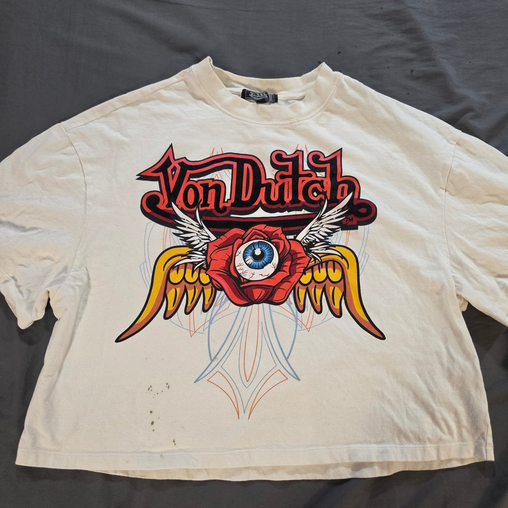 Von Dutch Originals Graphic T-Shirt Cream Winged Eyeball Rose Medium